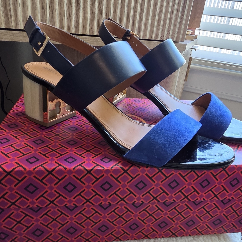 Tory Burch Elegant Blue Block Leather Heel Sandals